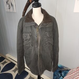 Aeropostale Men's Gray Military Jacket with Faux Fur Collar